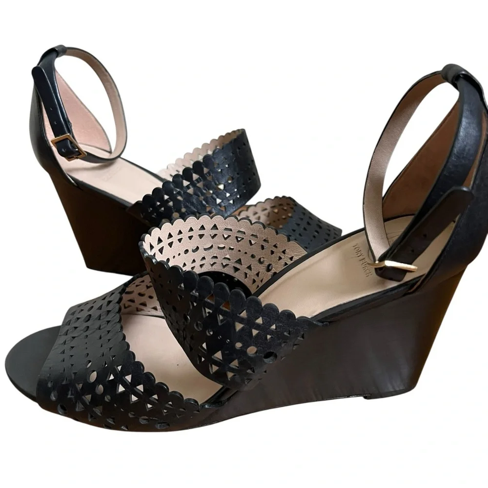 Tory Burch Black Leather Perforated Gladiator Wedge Sandals Size 11 Excellent